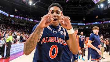 Jan 11, 2025; Columbia, South Carolina, USA;  Auburn Tigers guard Tahaad Pettiford (0) celebrates after defeating the South Carolina Gamecocks at Colonial Life Arena. Mandatory Credit: Jeff Blake-Imagn Images