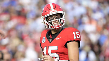 Nov 2, 2024; Jacksonville, Florida, USA; Georgia Bulldogs quarterback Carson Beck (15) reacts after throwing an interception against the Florida Gators during the first quarter at EverBank Stadium. Mandatory Credit: Melina Myers-Imagn Images