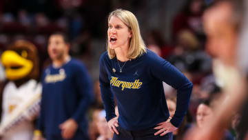 Mar 17, 2023; Columbia, SC, USA; Marquette Golden Eagles head coach Megan Duffy directs her team against the South Florida Bulls in the second half in the first round of the 2023 NCAA Division 1 women   s basketball tournament at Colonial Life Arena. Mandatory Credit: Jeff Blake-USA TODAY Sports
