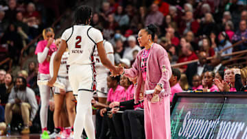 South Carolina basketball coach Dawn Staley with forward Ashlyn Watkins