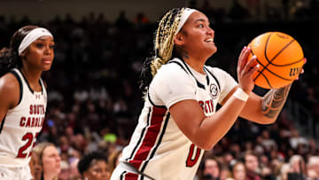Jan 9, 2025; Columbia, South Carolina, USA; South Carolina Gamecocks guard Te-Hina Paopao (0) attempts a three-point basket against the Texas A&M Aggies in the second half at Colonial Life Arena. Mandatory Credit: Jeff Blake-Imagn Images