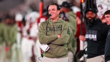 Nov 23, 2024; Columbia, South Carolina, USA; South Carolina Gamecocks head coach Shane Beamer directs his team against the Wofford Terriers in the second half at Williams-Brice Stadium. Mandatory Credit: Jeff Blake-Imagn Images