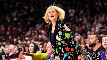 Jan 24, 2025; Columbia, South Carolina, USA; LSU Lady Tigers head coach Kim Mulkey reacts to a play against the South Carolina Gamecocks in the second half at Colonial Life Arena. Mandatory Credit: Jeff Blake-Imagn Images