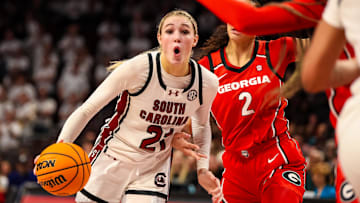 Feb 18, 2024; Columbia, South Carolina, USA; South Carolina Gamecocks forward Chloe Kitts (21) drives against the Georgia Lady Bulldogs in the second half at Colonial Life Arena. Mandatory Credit: Jeff Blake-Imagn Images
