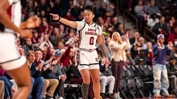Jan 12, 2025; Columbia, South Carolina, USA; South Carolina Gamecocks guard Te-Hina Paopao (0) celebrates a three point basket against the Texas Longhorns in the first half at Colonial Life Arena. Mandatory Credit: Jeff Blake-Imagn Images