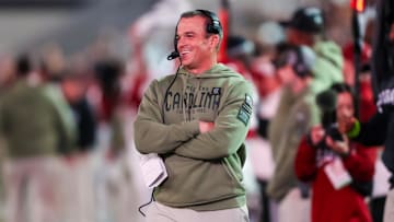 Nov 23, 2024; Columbia, South Carolina, USA; South Carolina Gamecocks head coach Shane Beamer directs his team against the Wofford Terriers in the second half at Williams-Brice Stadium. Mandatory Credit: Jeff Blake-Imagn Images