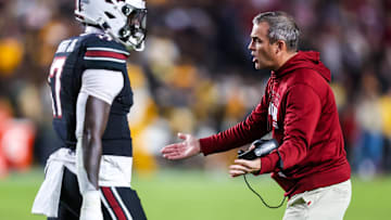 Nov 16, 2024; Columbia, South Carolina, USA; South Carolina Gamecocks head coach Shane Beamer directs his team against the Missouri Tigers in the second half at Williams-Brice Stadium. Mandatory Credit: Jeff Blake-Imagn Images