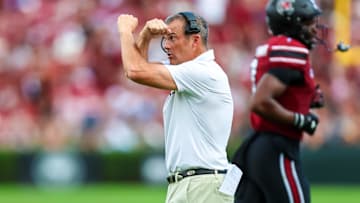 Oct 5, 2024; Columbia, South Carolina, USA; South Carolina Gamecocks head coach Shane Beamer directs his team against the Mississippi Rebels in the second quarter at Williams-Brice Stadium. Mandatory Credit: Jeff Blake-Imagn Images