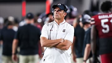 Sep 6, 2025; Columbia, South Carolina, USA; South Carolina Gamecocks head coach Shane Beamer directs his team against the South Carolina State Bulldogs in the second quarter at Williams-Brice Stadium. Mandatory Credit: Jeff Blake-Imagn Images