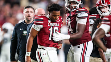 Sep 13, 2025; Columbia, South Carolina, USA; South Carolina Gamecocks quarterback LaNorris Sellers (16) walks off the field after being injured against the Vanderbilt Commodores in the second quarter at Williams-Brice Stadium. Mandatory Credit: Jeff Blake-Imagn Images