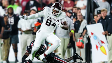 Nov 2, 2024; Columbia, South Carolina, USA; Texas A&M Aggies tight end Tre Watson (84) makes a reception against the South Carolina Gamecocks in the second quarter at Williams-Brice Stadium. Mandatory Credit: Jeff Blake-Imagn Images