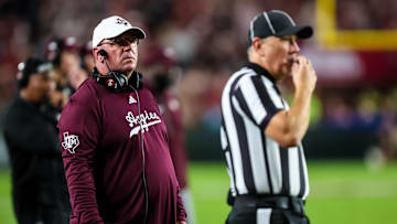 Nov 2, 2024; Columbia, South Carolina, USA; Texas A&M Aggies head coach Mike Elko directs his team against the South Carolina Gamecocks in the second quarter at Williams-Brice Stadium. Mandatory Credit: Jeff Blake-Imagn Images