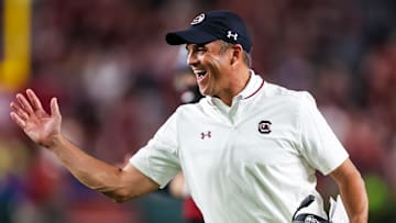 Sep 6, 2025; Columbia, South Carolina, USA; South Carolina Gamecocks head coach Shane Beamer directs his team against the South Carolina State Bulldogs in the second half at Williams-Brice Stadium. Mandatory Credit: Jeff Blake-Imagn Images