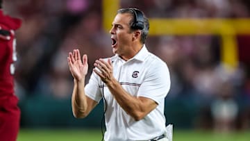 Sep 13, 2025; Columbia, South Carolina, USA; South Carolina Gamecocks head coach Shane Beamer directs his team against the Vanderbilt Commodores in the second quarter at Williams-Brice Stadium. Mandatory Credit: Jeff Blake-Imagn Images