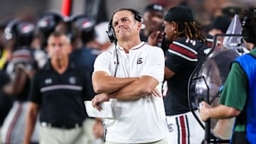 Sep 27, 2025; Columbia, South Carolina, USA; South Carolina Gamecocks head coach Shane Beamer directs his team against the Kentucky Wildcats in the second half at Williams-Brice Stadium. Mandatory Credit: Jeff Blake-Imagn Images