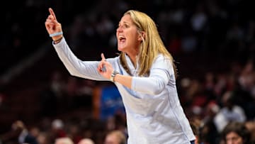 Mar 22, 2024; Columbia, SC, USA; North Carolina Tar Heels head coach Courtney Banghart directs her team against the Michigan State Spartans in the second half at Colonial Life Arena. Mandatory Credit: Jeff Blake-Imagn Images