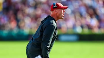 Oct 25, 2025; Columbia, South Carolina, USA; Alabama Crimson Tide head coach Kalen DeBoer directs his team against the South Carolina Gamecocks in the first quarter at Williams-Brice Stadium. Mandatory Credit: Jeff Blake-Imagn Images