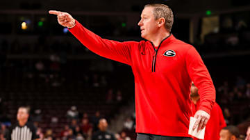Mar 4, 2025; Columbia, South Carolina, USA; Georgia Bulldogs head coach Mike White directs his team against the South Carolina Gamecocks in the first half at Colonial Life Arena. Mandatory Credit: Jeff Blake-Imagn Images