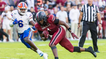 Oct 14, 2023; Columbia, South Carolina, USA; South Carolina Gamecocks tight end Trey Knox (1) runs after a reception against the Florida Gators in the second half at Williams-Brice Stadium. Mandatory Credit: Jeff Blake-USA TODAY Sports