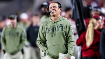 Nov 23, 2024; Columbia, South Carolina, USA; South Carolina Gamecocks head coach Shane Beamer directs his team against the Wofford Terriers in the second half at Williams-Brice Stadium. Mandatory Credit: Jeff Blake-Imagn Images