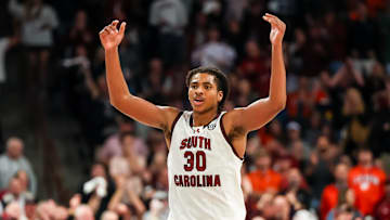 Dec 17, 2024; Columbia, South Carolina, USA; South Carolina Gamecocks forward Collin Murray-Boyles (30) celebrates a play against the Clemson Tigers in the second half of South Carolina’s 91-88 overtime win at Colonial Life Arena. Mandatory Credit: Jeff Blake-Imagn Images