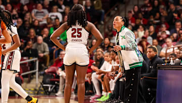 Jan 12, 2025; Columbia, South Carolina, USA; South Carolina Gamecocks head coach Dawn Staley directs her team against the Texas Longhorns in the first half at Colonial Life Arena. Mandatory Credit: Jeff Blake-Imagn Images