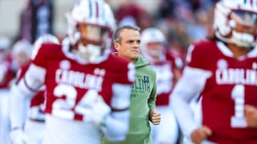 Nov 23, 2024; Columbia, South Carolina, USA; South Carolina Gamecocks head coach Shane Beamer takes the field with his team before a game against the Wofford Terriers at Williams-Brice Stadium. Mandatory Credit: Jeff Blake-Imagn Images