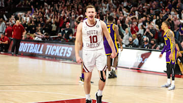 Feb 19, 2022; Columbia, South Carolina, USA; South Carolina Gamecocks guard Erik Stevenson (10) celebrates their win over the LSU Tigers at Colonial Life Arena. Mandatory Credit: Jeff Blake-Imagn Images