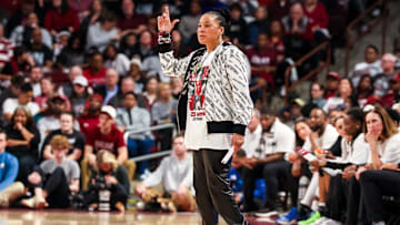 Mar 2, 2025; Columbia, South Carolina, USA; South Carolina Gamecocks head coach Dawn Staley directs her team against the Kentucky Wildcats in the first half at Colonial Life Arena. Mandatory Credit: Jeff Blake-Imagn Images