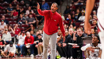 Mar 1, 2025; Columbia, South Carolina, USA; South Carolina Gamecocks head coach Lamont Paris directs his team against the Arkansas Razorbacks in the first half at Colonial Life Arena. Mandatory Credit: Jeff Blake-Imagn Images