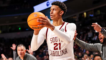 Jan 25, 2025; Columbia, South Carolina, USA; South Carolina Gamecocks guard Arden Conyers (21) attempts a three point basket against the Mississippi State Bulldogs in the first half at Colonial Life Arena. Mandatory Credit: Jeff Blake-Imagn Images