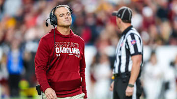 Nov 16, 2024; Columbia, South Carolina, USA; South Carolina Gamecocks head coach Shane Beamer directs his team against the Missouri Tigers in the second quarter at Williams-Brice Stadium. Mandatory Credit: Jeff Blake-Imagn Images
