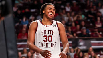 Mar 1, 2025; Columbia, South Carolina, USA; South Carolina Gamecocks forward Collin Murray-Boyles (30) celebrates a play against the Arkansas Razorbacks in the second half at Colonial Life Arena. Mandatory Credit: Jeff Blake-Imagn Images