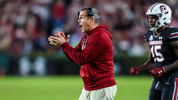 Nov 16, 2024; Columbia, South Carolina, USA; South Carolina Gamecocks head coach Shane Beamer directs his team against the Missouri Tigers in the second half at Williams-Brice Stadium. Mandatory Credit: Jeff Blake-Imagn Images