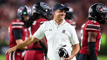 Sep 6, 2025; Columbia, South Carolina, USA; South Carolina Gamecocks head coach Shane Beamer directs his team against the South Carolina State Bulldogs in the second half at Williams-Brice Stadium. Mandatory Credit: Jeff Blake-Imagn Images