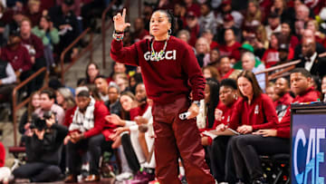 Jan 24, 2025; Columbia, South Carolina, USA; South Carolina Gamecocks head coach Dawn Staley directs her team against the LSU Lady Tigers in the first half at Colonial Life Arena.