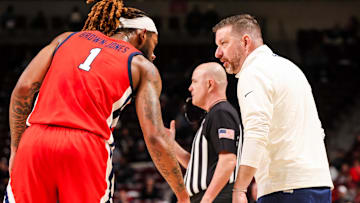 Feb 12, 2025; Columbia, South Carolina, USA; Mississippi Rebels head coach Chris Beard directs forward Mikeal Brown-Jones (1) against the South Carolina Gamecocks in the second half at Colonial Life Arena. Mandatory Credit: Jeff Blake-Imagn Images