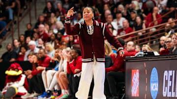 South Carolina Gamecocks head coach Dawn Staley directs her team against the Indiana Hoosiers.