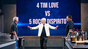 Host Guy Fieri with contestants Tim Love and Rocco DiSpirito, as seen on Tournament of Champions VI