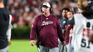 Nov 2, 2024; Columbia, South Carolina, USA; Texas A&M Aggies head coach Mike Elko directs his team against the South Carolina Gamecocks in the second quarter at Williams-Brice Stadium.