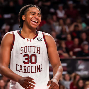 Mar 1, 2025; Columbia, South Carolina, USA; South Carolina Gamecocks forward Collin Murray-Boyles (30) celebrates a play against the Arkansas Razorbacks in the second half at Colonial Life Arena. Mandatory Credit: Jeff Blake-Imagn Images