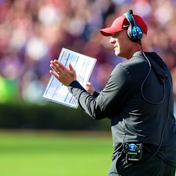 Oct 25, 2025; Columbia, South Carolina, USA; Alabama Crimson Tide head coach Kalen Deboer directs his team against the South Carolina Gamecocks in the first quarter at Williams-Brice Stadium. Mandatory Credit: Jeff Blake-Imagn Images