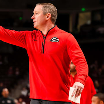 Mar 4, 2025; Columbia, South Carolina, USA; Georgia Bulldogs head coach Mike White directs his team against the South Carolina Gamecocks in the first half at Colonial Life Arena. Mandatory Credit: Jeff Blake-Imagn Images