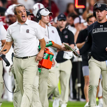 Sep 23, 2023; Columbia, South Carolina, USA; South Carolina Gamecocks head coach Shane Beamer disputes a call against the Mississippi State Bulldogs in the second half at Williams-Brice Stadium. Mandatory Credit: Jeff Blake-USA TODAY Sports