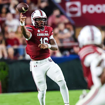 Sep 9, 2023; Columbia, South Carolina, USA; South Carolina Gamecocks quarterback LaNorris Sellers (16) passes against the Furman Paladins during the second half at Williams-Brice Stadium. Mandatory Credit: Jeff Blake-USA TODAY Sports