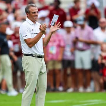 Aug 31, 2024; Columbia, South Carolina, USA; South Carolina Gamecocks head coach Shane Beamer directs his team during warmups before a game against the Old Dominion Monarchs at Williams-Brice Stadium. Mandatory Credit: Jeff Blake-USA TODAY Sports