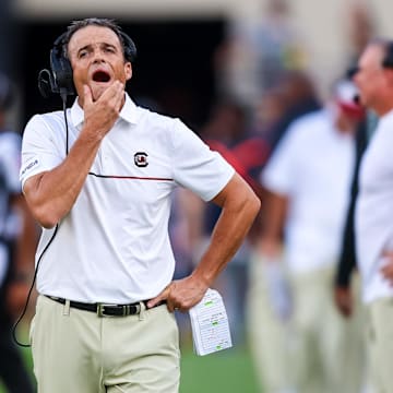 Aug 31, 2024; Columbia, South Carolina, USA; South Carolina Gamecocks head coach Shane Beamer reacts after a play against the Old Dominion Monarchs in the second half at Williams-Brice Stadium. Mandatory Credit: Jeff Blake-USA TODAY Sports