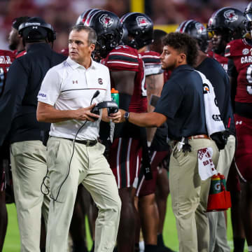 Aug 31, 2024; Columbia, South Carolina, USA; South Carolina Gamecocks head coach Shane Beamer directs his team against the Old Dominion Monarchs in the second half at Williams-Brice Stadium. Mandatory Credit: Jeff Blake-USA TODAY Sports