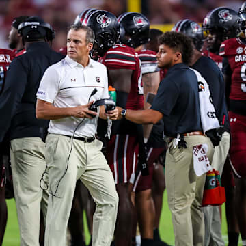 Aug 31, 2024; Columbia, South Carolina, USA; South Carolina Gamecocks head coach Shane Beamer directs his team against the Old Dominion Monarchs in the second half at Williams-Brice Stadium. Mandatory Credit: Jeff Blake-Imagn Images