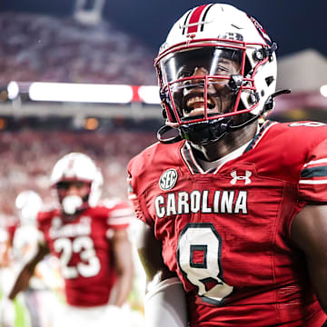 Sep 9, 2023; Columbia, South Carolina, USA; South Carolina Gamecocks wide receiver Nyck Harbor (8) celebrates a touchdown during the third quarter at Williams-Brice Stadium. Mandatory Credit: Jeff Blake-Imagn Images